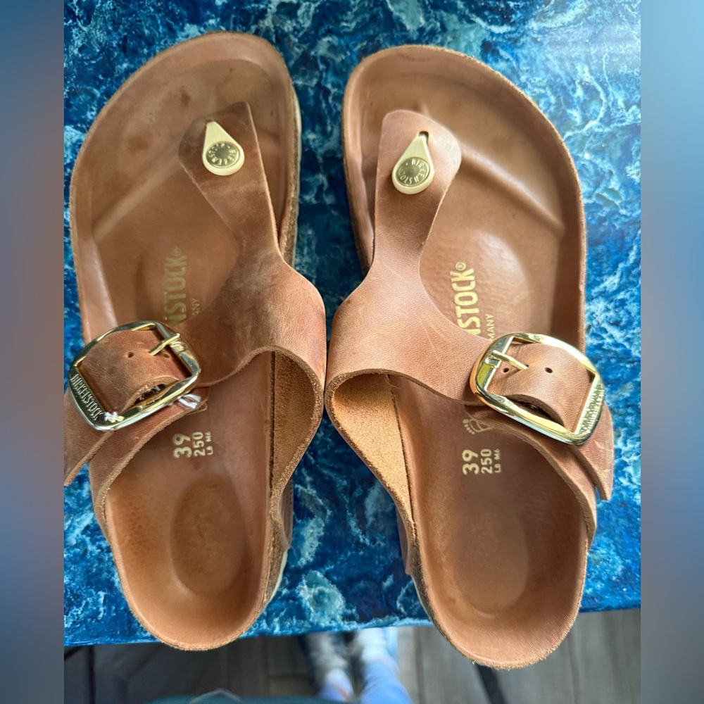 Birkenstock Gold and Brown Sandals with Contoured Footbed